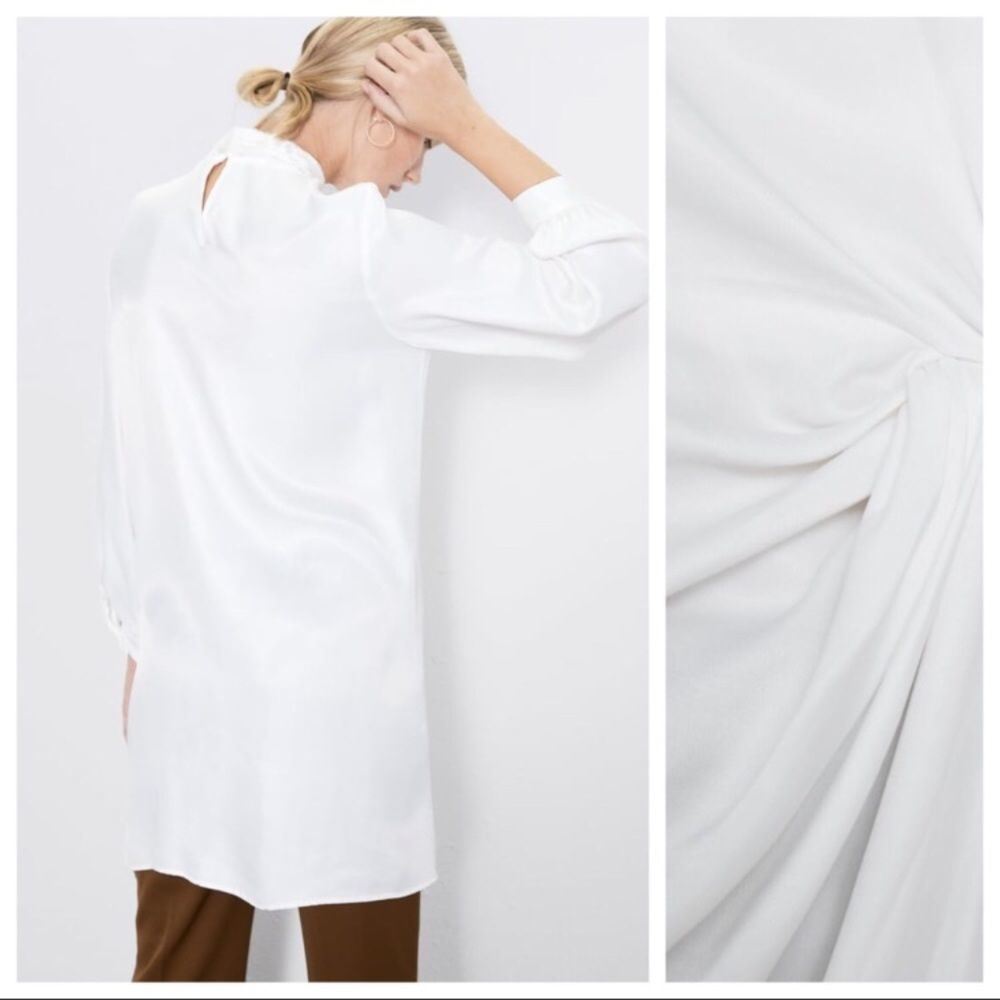 Zara White Satin Effect BLOUSE WITH FRONT KNOT New! - Picture 7 of 8